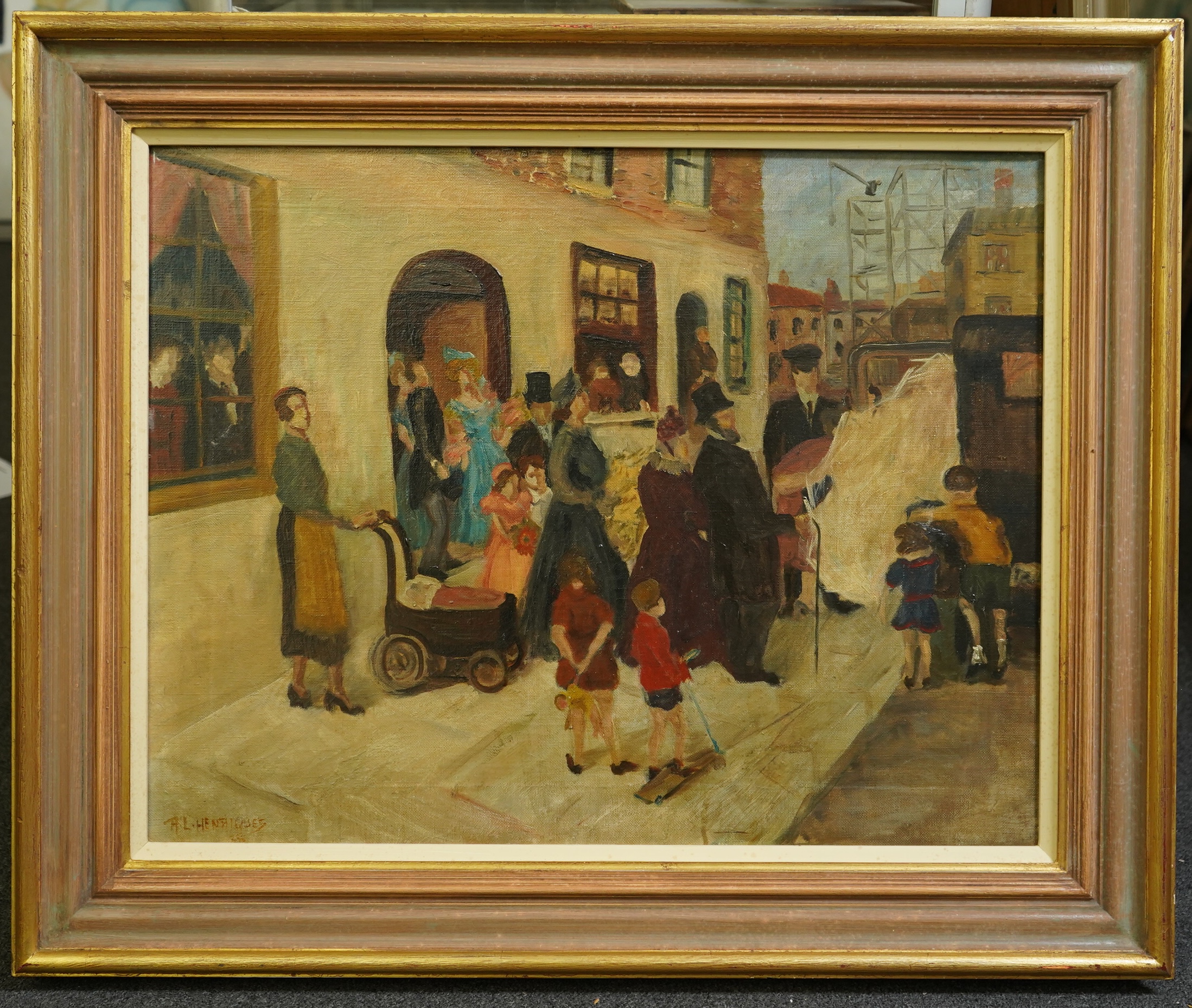 Attributed to Rose Henriques (1889-1972), oil on canvas, ‘Wedding procession’, signed and indistinctly dated, The Settlement, Berner Street label verso, 52 x 67cm. Condition - good